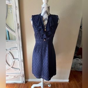 Shoshanna Dress - Sleeveless Navy Ruffled Sheath Dress - Size: 6